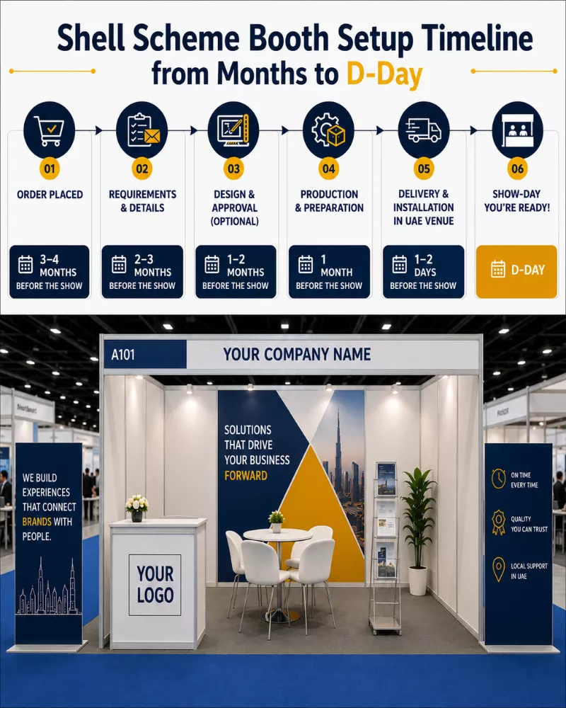 Shell scheme booth setup timeline: from order to show-day in UAE 4 Shell scheme Timeline