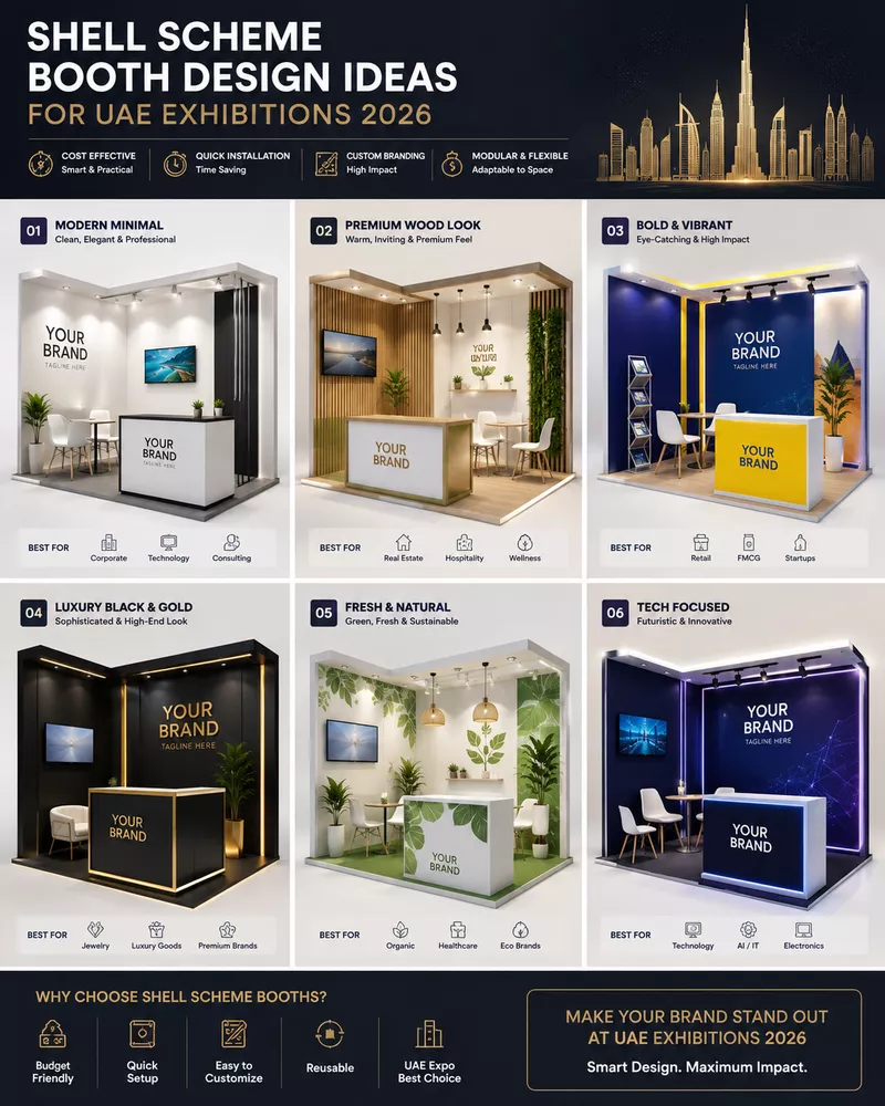 Shell scheme booth design ideas for UAE exhibitions 2026 2 shell scheme booth design ideas